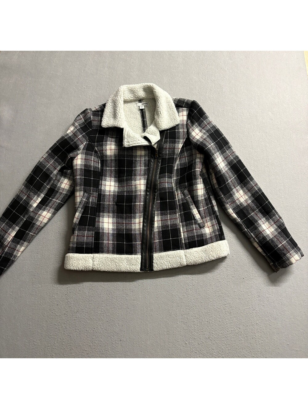 Sonoma Plaid Sherpa Lined Moto Jacket Womens Small Black White Asymmetrical Zip